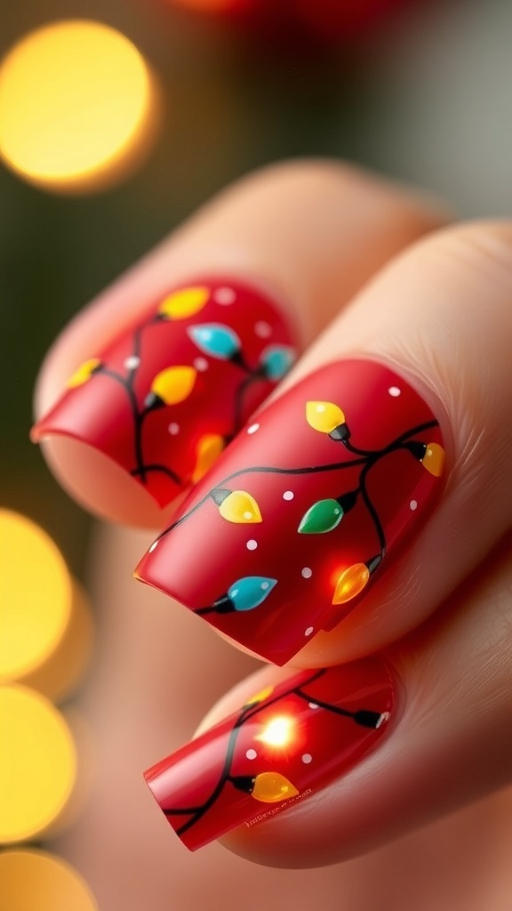 Close-up of vintage Christmas lights nail art on red base, featuring colorful dots and black lines.
